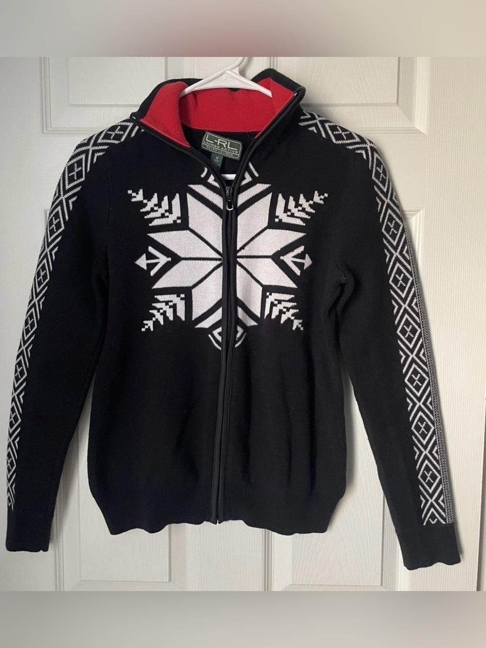 Ralph Lauren Active Black Zip-Up Ski Sweater with White Snowflake and Red Collar